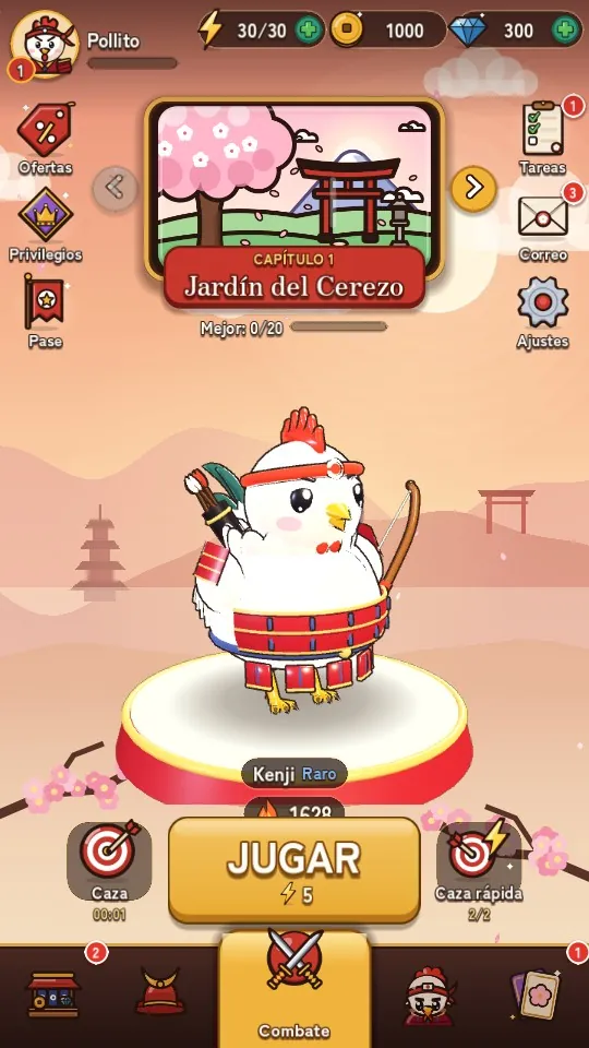 Menú principal con Kenji en su pedestal y el botón Jugar del capítulo Jardín del Cerezo. Ampliar.