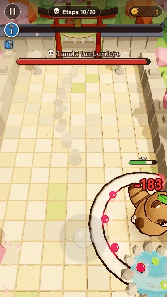 Captura de un combate contra el jefe Tanuki tamborilero, con su barra de vida en lo alto de la pantalla.