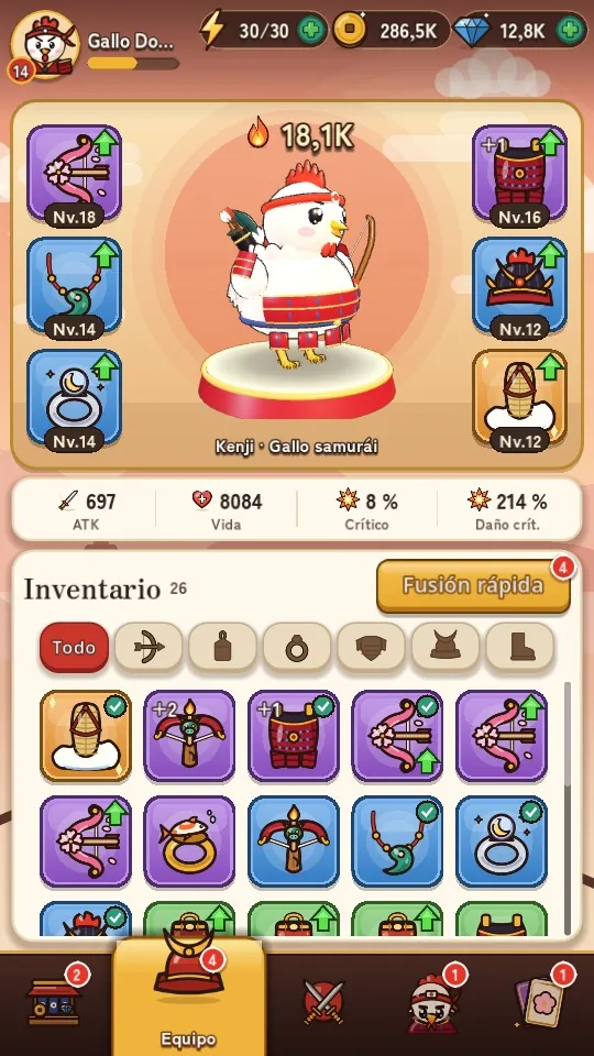 Pantalla de equipo de Kenji, gallo samurái, con su inventario. Ampliar.